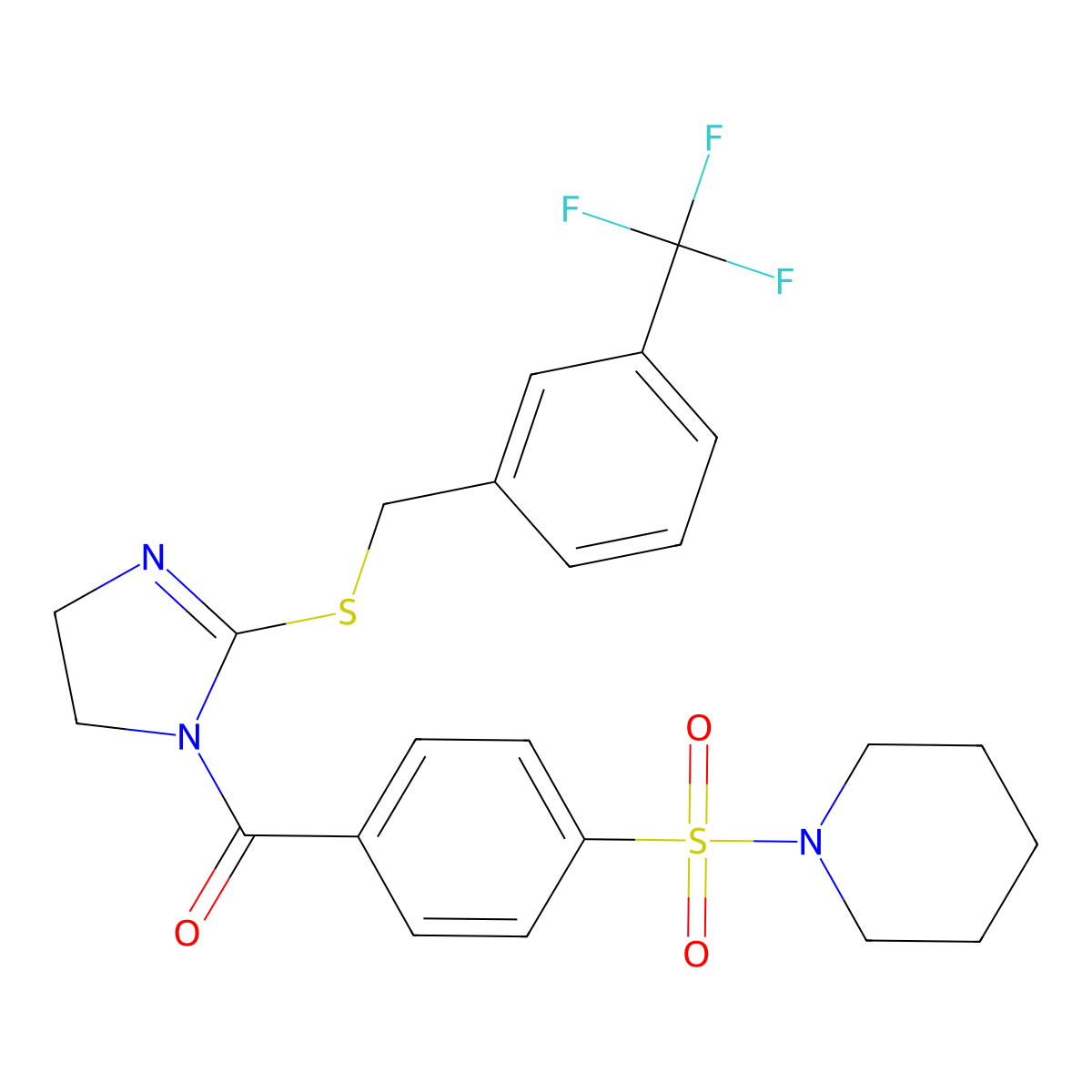 (4-(piperidin-1-ylsulfonyl)phenyl)(2-((3-(trifluoromethyl)benzyl)thio)-4,5-dihydro-1H-imidazol-1-yl)methanone molecular structure, CAS 851805-85-1