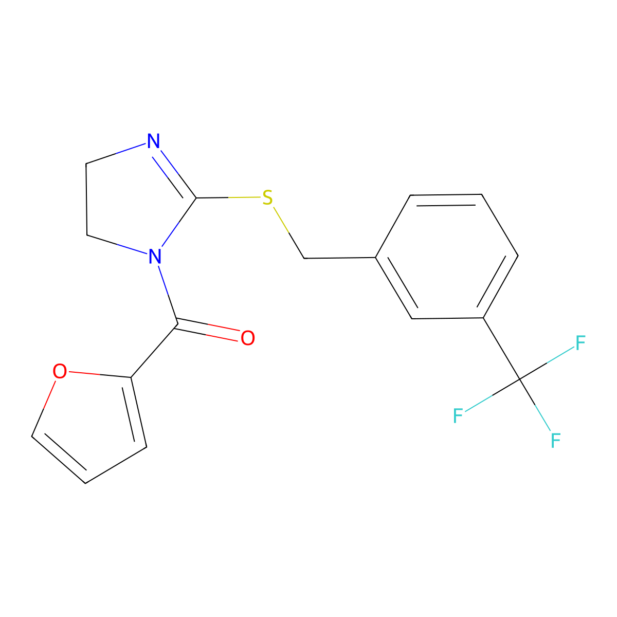 furan-2-yl(2-((3-(trifluoromethyl)benzyl)thio)-4,5-dihydro-1H-imidazol-1-yl)methanone molecular structure, CAS 851805-87-3