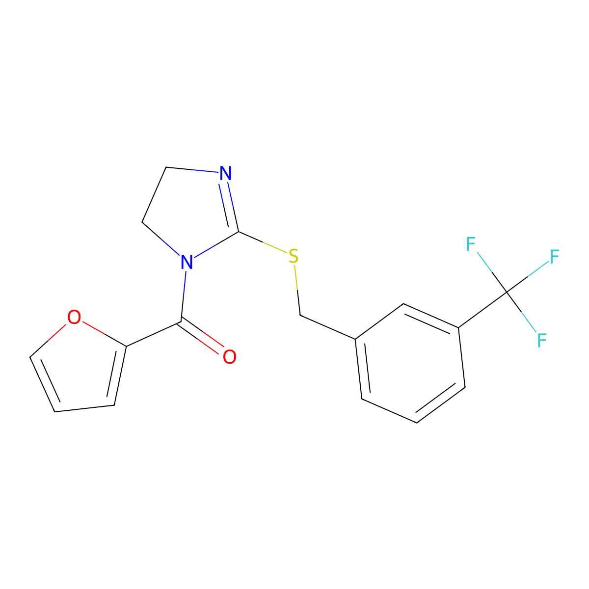 furan-2-yl(2-((3-(trifluoromethyl)benzyl)thio)-4,5-dihydro-1H-imidazol-1-yl)methanone molecular structure, CAS 851805-87-3