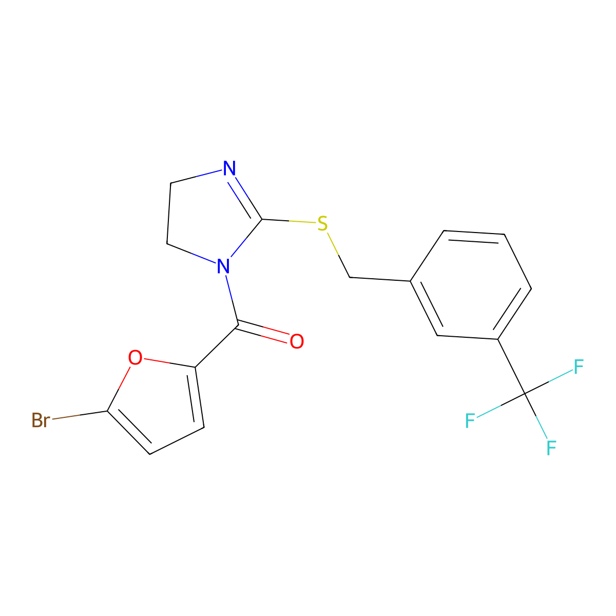 (5-Bromofuran-2-yl)-[2-[[3-(trifluoromethyl)phenyl]methylsulfanyl]-4,5-dihydroimidazol-1-yl]methanone molecular structure, CAS 851805-88-4