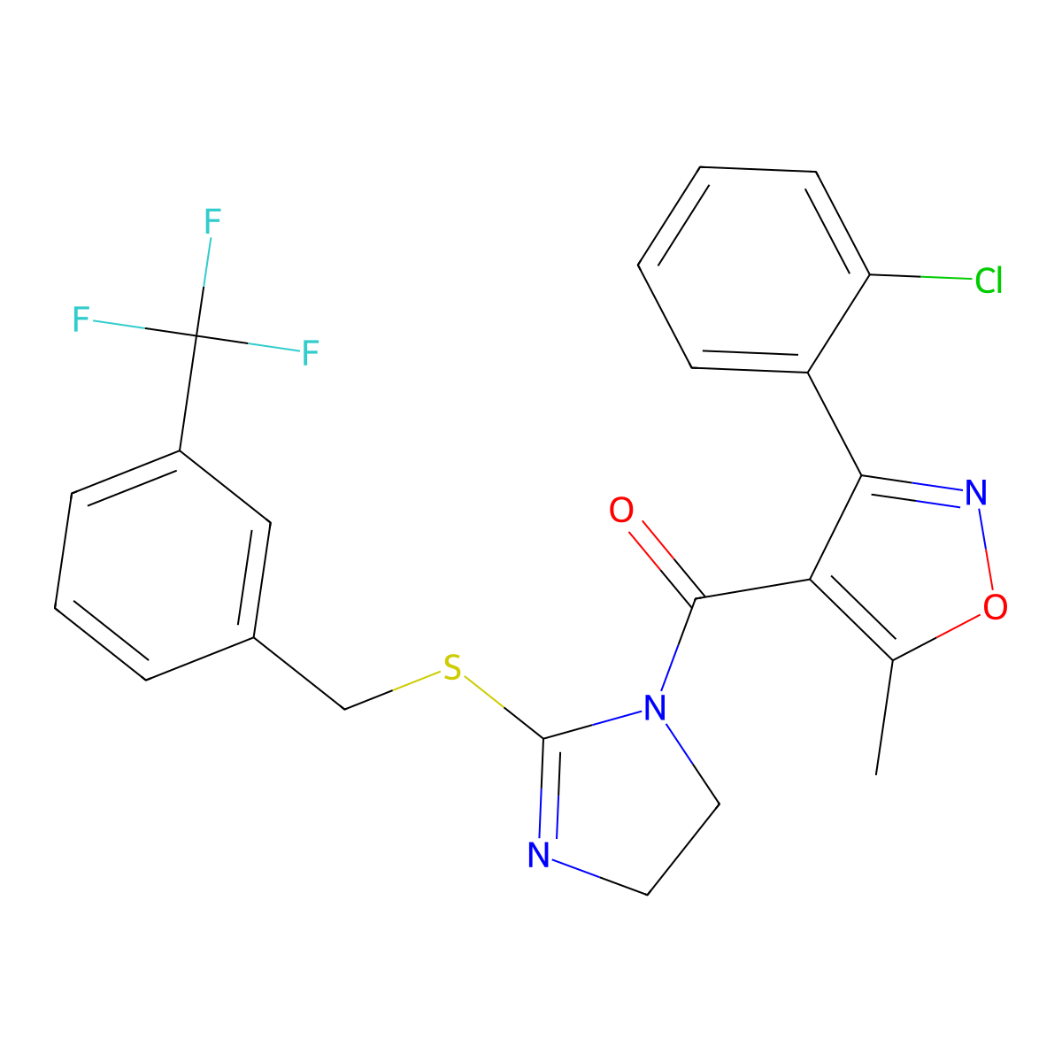 (3-(2-chlorophenyl)-5-methylisoxazol-4-yl)(2-((3-(trifluoromethyl)benzyl)thio)-4,5-dihydro-1H-imidazol-1-yl)methanone molecular structure, CAS 851805-90-8