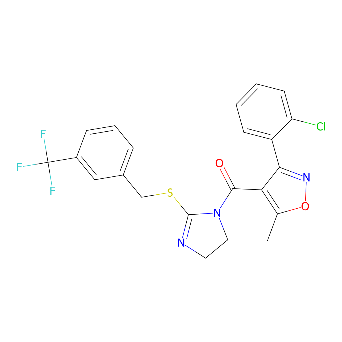 (3-(2-chlorophenyl)-5-methylisoxazol-4-yl)(2-((3-(trifluoromethyl)benzyl)thio)-4,5-dihydro-1H-imidazol-1-yl)methanone molecular structure, CAS 851805-90-8