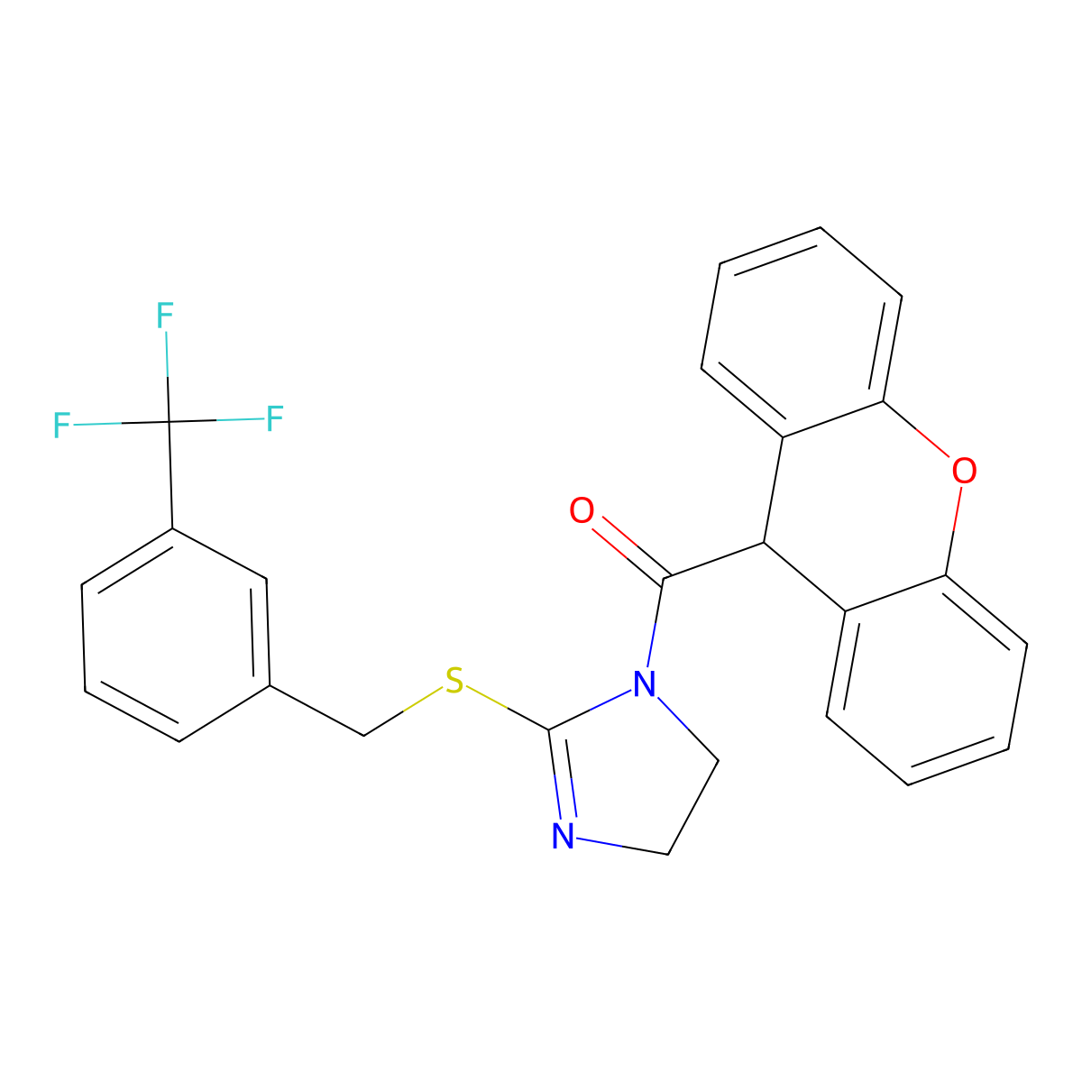 (2-((3-(trifluoromethyl)benzyl)thio)-4,5-dihydro-1H-imidazol-1-yl)(9H-xanthen-9-yl)methanone molecular structure, CAS 851805-92-0