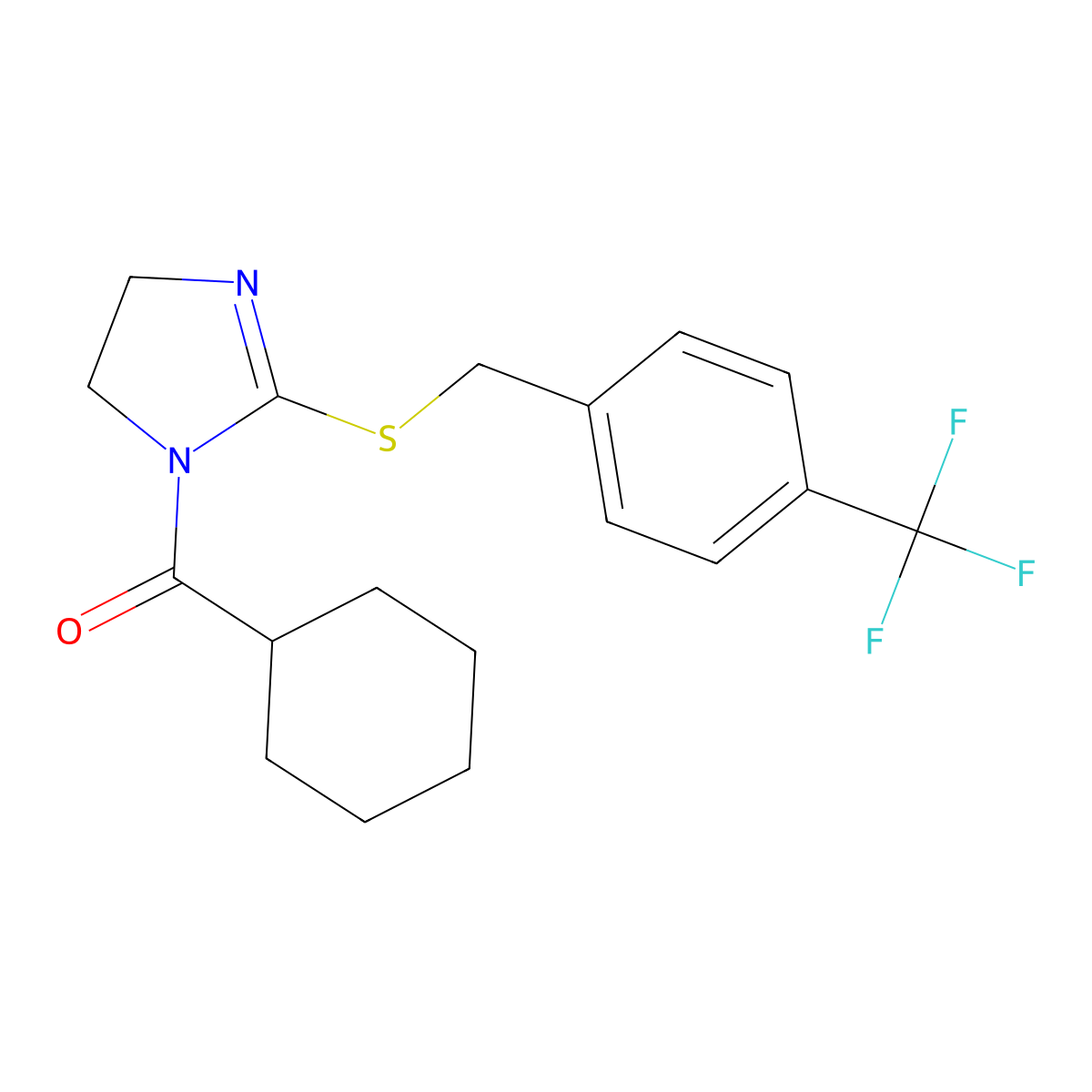 cyclohexyl(2-((4-(trifluoromethyl)benzyl)thio)-4,5-dihydro-1H-imidazol-1-yl)methanone molecular structure, CAS 851805-97-5