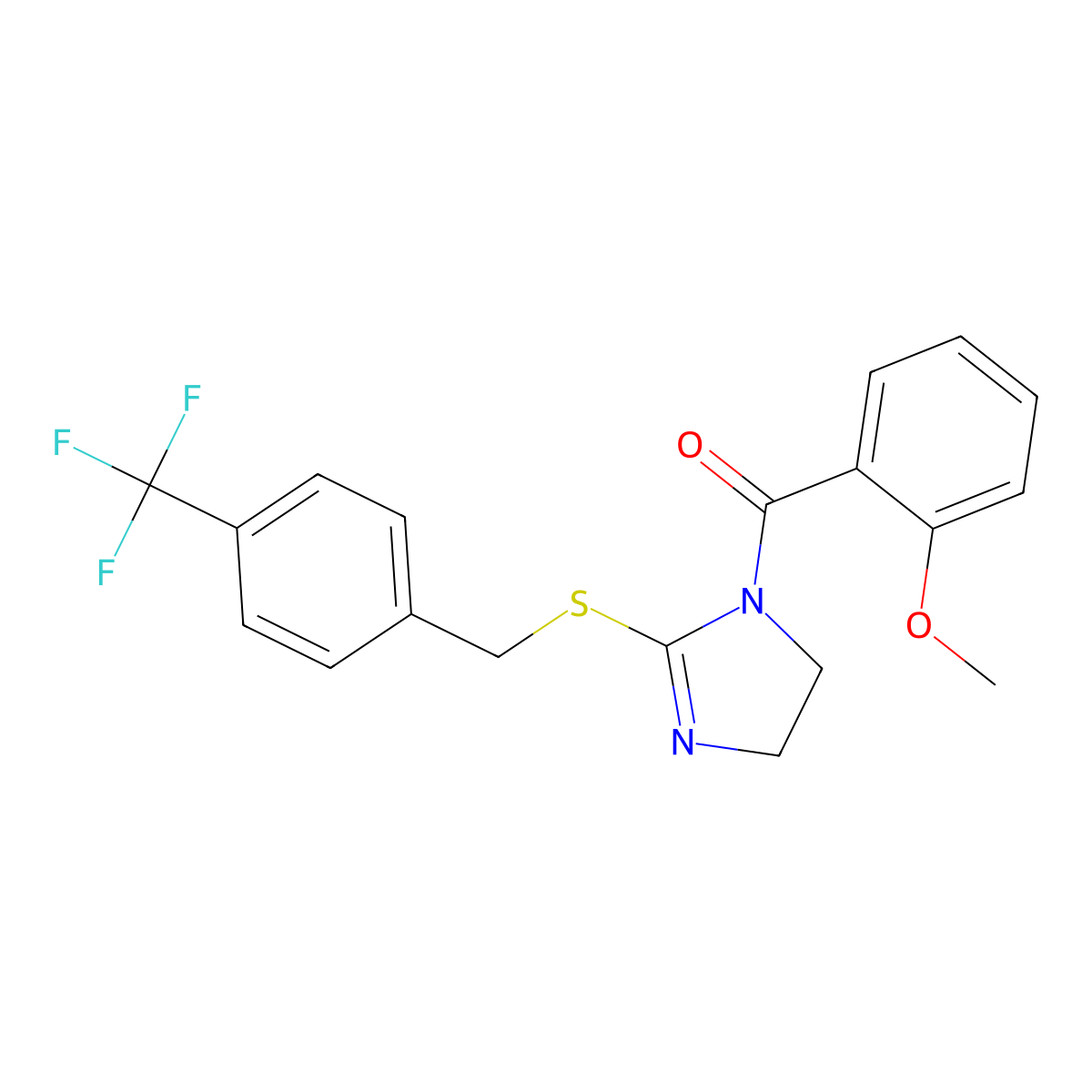 (2-Methoxyphenyl)-[2-[[4-(trifluoromethyl)phenyl]methylsulfanyl]-4,5-dihydroimidazol-1-yl]methanone molecular structure, CAS 851805-99-7