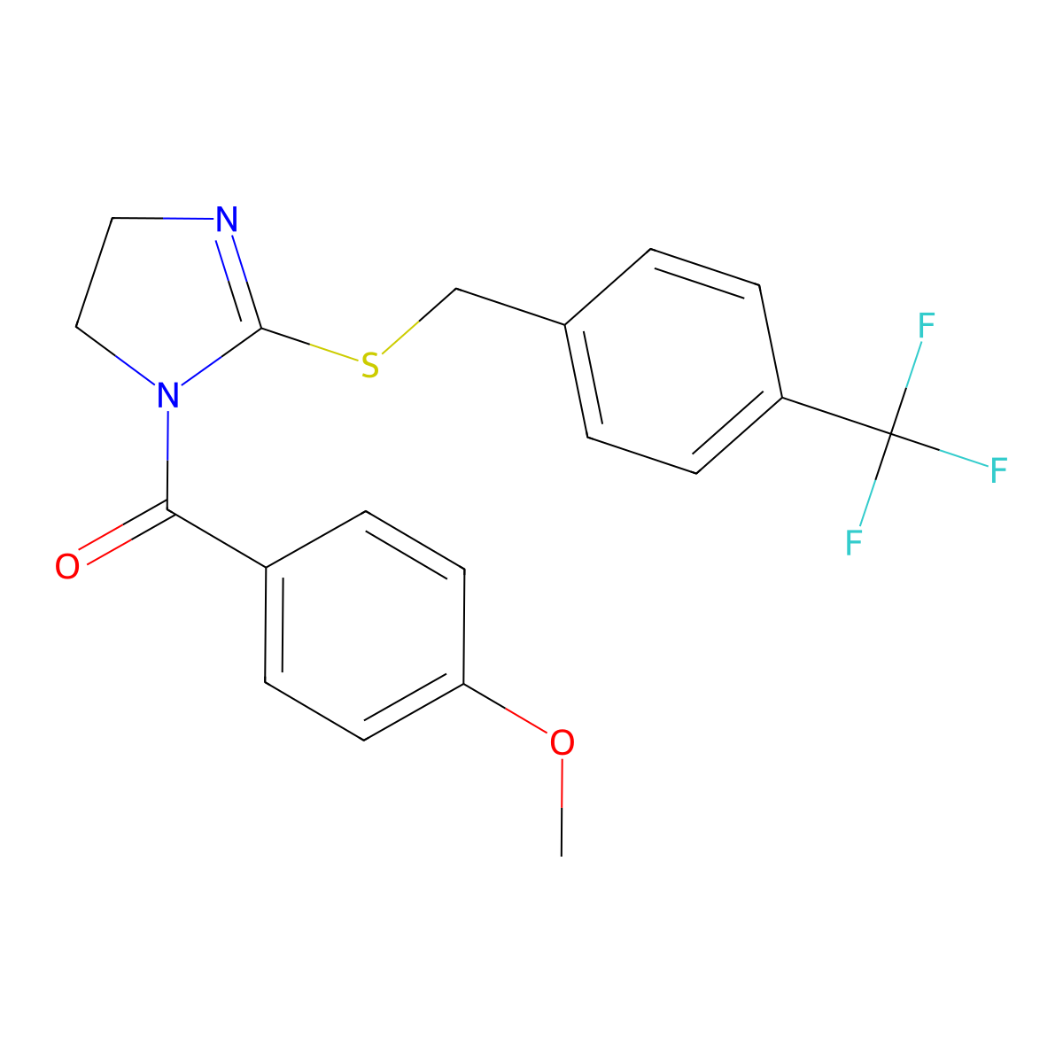 (4-methoxyphenyl)(2-((4-(trifluoromethyl)benzyl)thio)-4,5-dihydro-1H-imidazol-1-yl)methanone molecular structure, CAS 851806-01-4