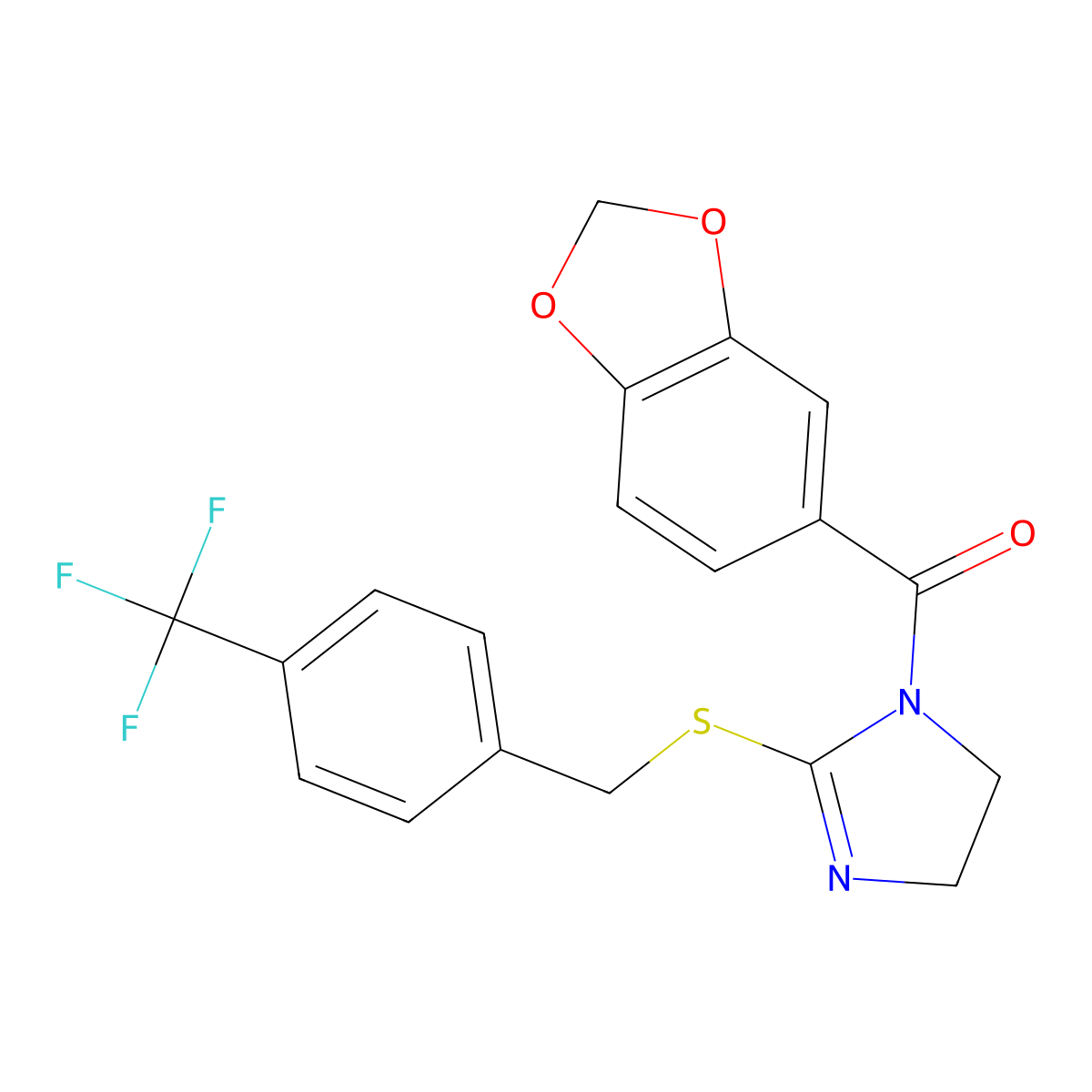 benzo[d][1,3]dioxol-5-yl(2-((4-(trifluoromethyl)benzyl)thio)-4,5-dihydro-1H-imidazol-1-yl)methanone molecular structure, CAS 851806-11-6