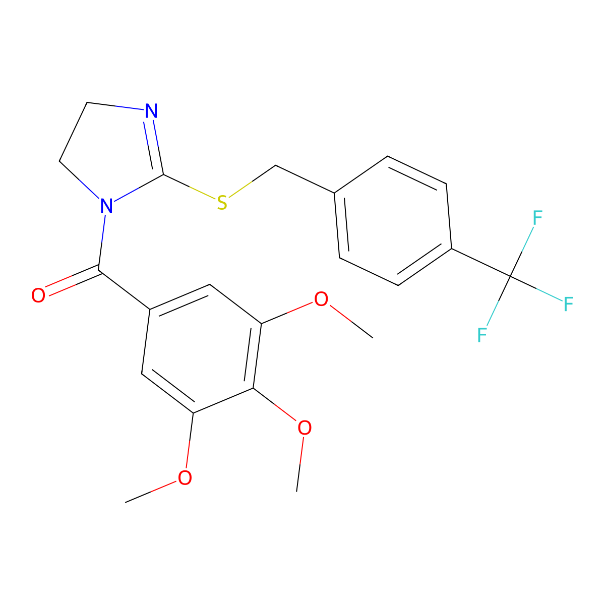 (2-((4-(trifluoromethyl)benzyl)thio)-4,5-dihydro-1H-imidazol-1-yl)(3,4,5-trimethoxyphenyl)methanone molecular structure, CAS 851806-13-8