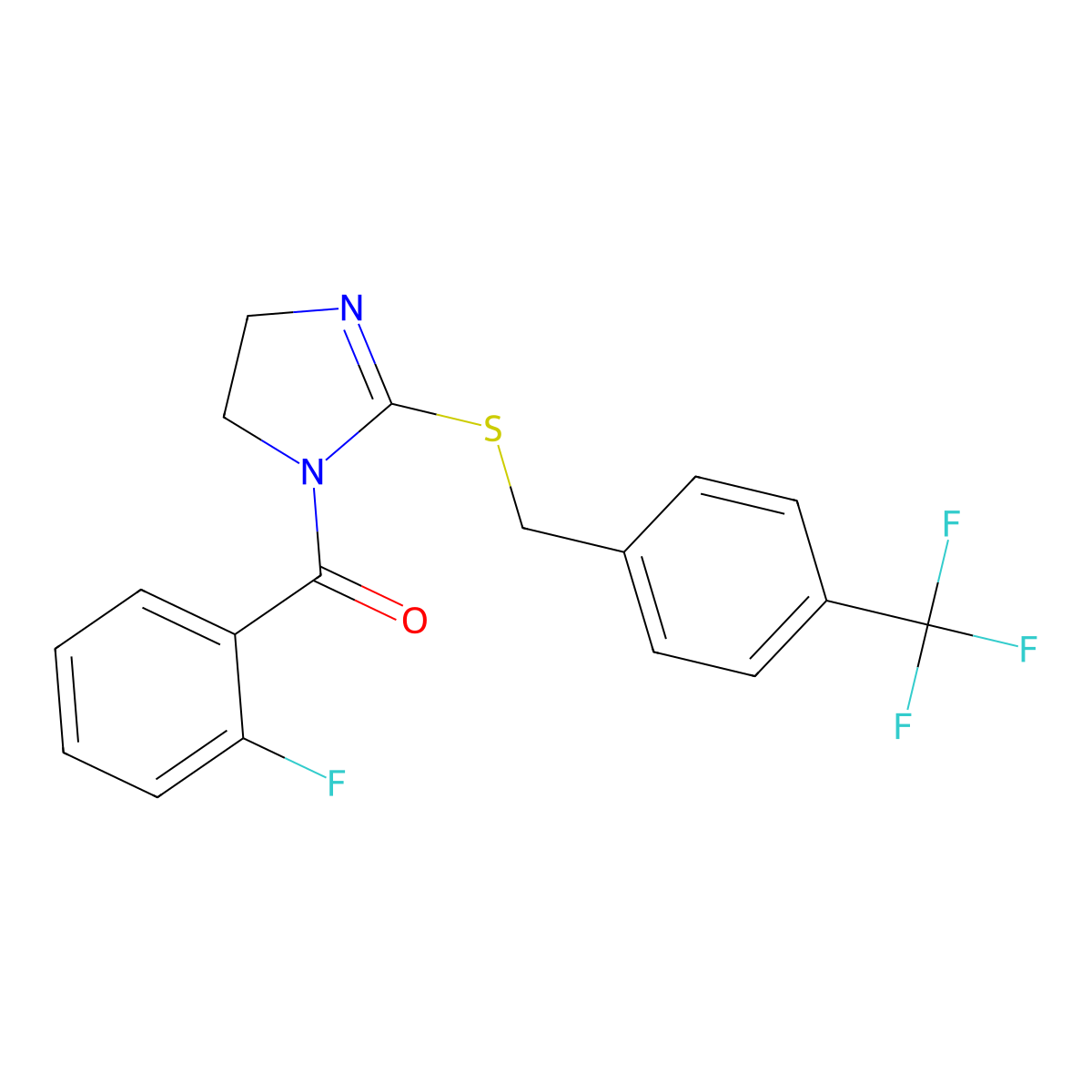 (2-Fluorophenyl)-[2-[[4-(trifluoromethyl)phenyl]methylsulfanyl]-4,5-dihydroimidazol-1-yl]methanone molecular structure, CAS 851806-15-0