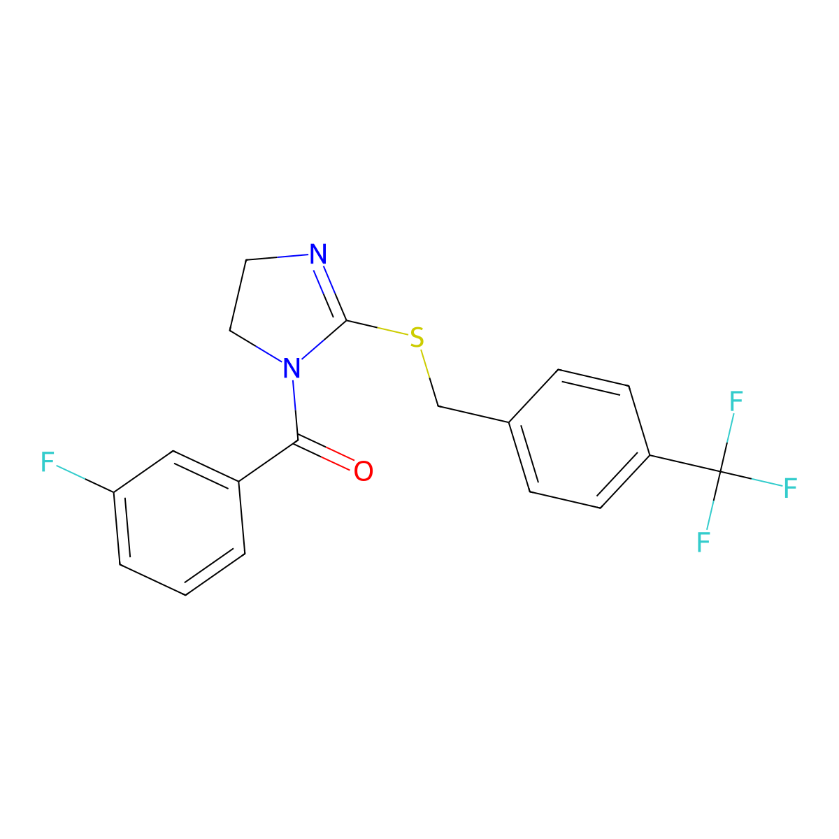 (3-Fluorophenyl)-[2-[[4-(trifluoromethyl)phenyl]methylsulfanyl]-4,5-dihydroimidazol-1-yl]methanone molecular structure, CAS 851806-17-2