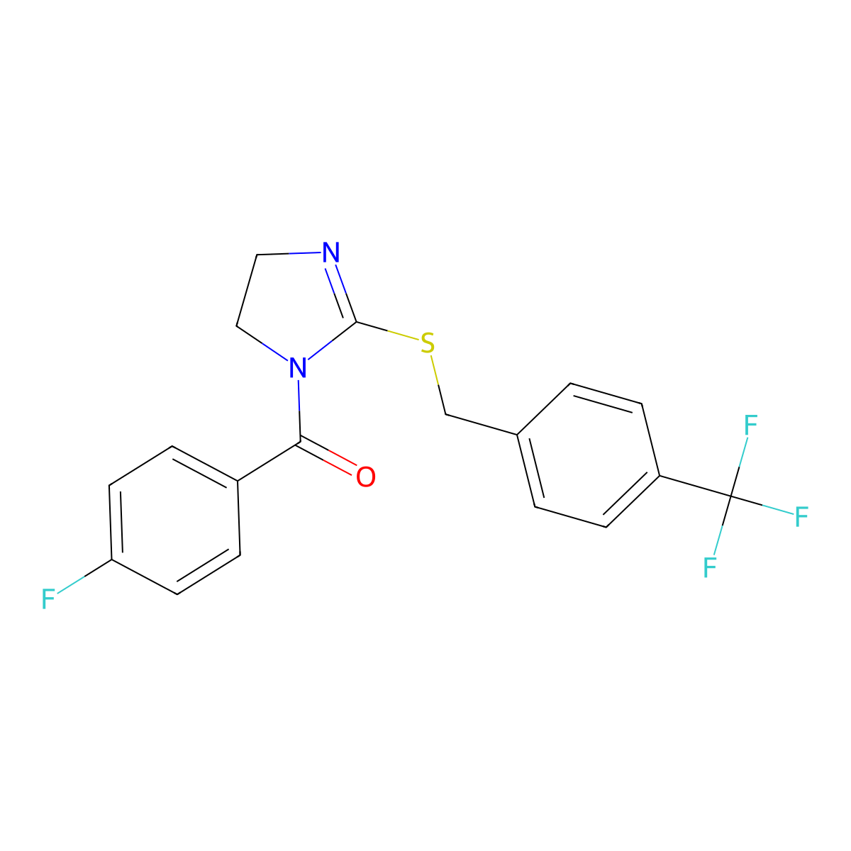 (4-Fluorophenyl)-[2-[[4-(trifluoromethyl)phenyl]methylsulfanyl]-4,5-dihydroimidazol-1-yl]methanone molecular structure, CAS 851806-19-4