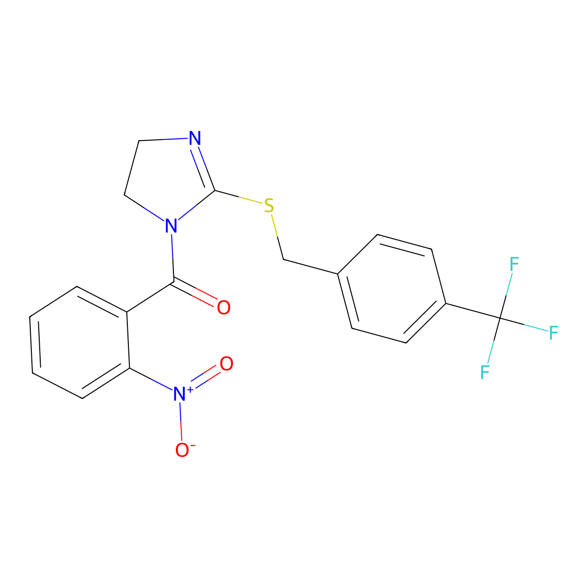 (2-Nitrophenyl)-[2-[[4-(trifluoromethyl)phenyl]methylsulfanyl]-4,5-dihydroimidazol-1-yl]methanone molecular structure, CAS 851806-21-8