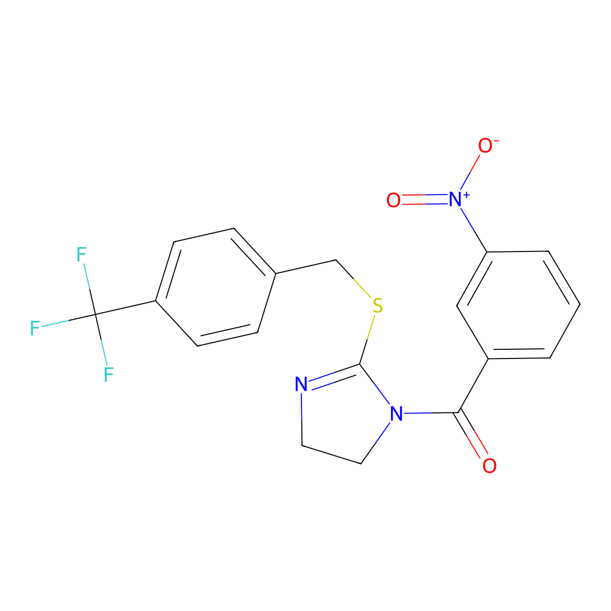(3-nitrophenyl)(2-((4-(trifluoromethyl)benzyl)thio)-4,5-dihydro-1H-imidazol-1-yl)methanone molecular structure, CAS 851806-23-0