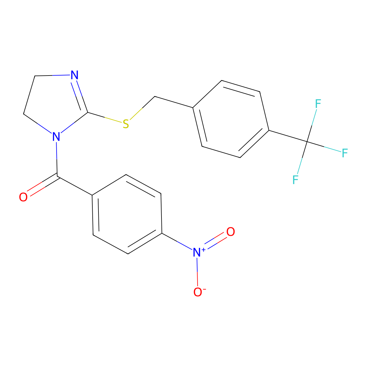 (4-Nitrophenyl)-[2-[[4-(trifluoromethyl)phenyl]methylsulfanyl]-4,5-dihydroimidazol-1-yl]methanone molecular structure, CAS 851806-25-2