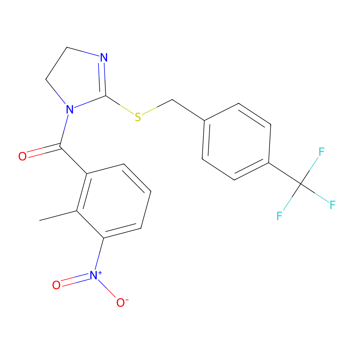 (2-methyl-3-nitrophenyl)(2-((4-(trifluoromethyl)benzyl)thio)-4,5-dihydro-1H-imidazol-1-yl)methanone molecular structure, CAS 851806-27-4