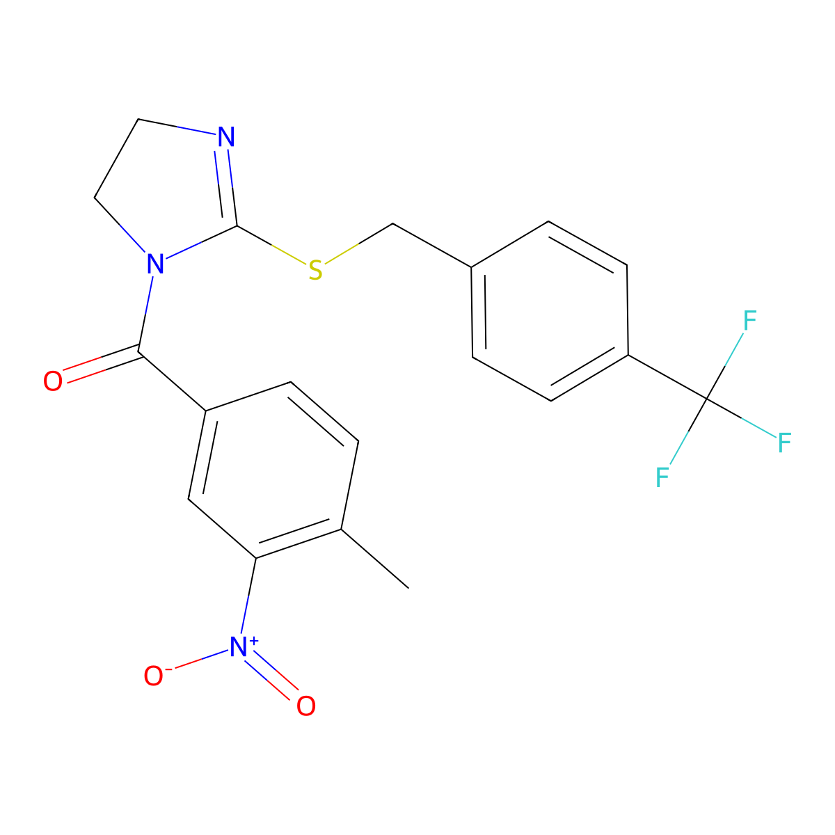 (4-Methyl-3-nitrophenyl)-[2-[[4-(trifluoromethyl)phenyl]methylsulfanyl]-4,5-dihydroimidazol-1-yl]methanone molecular structure, CAS 851806-29-6