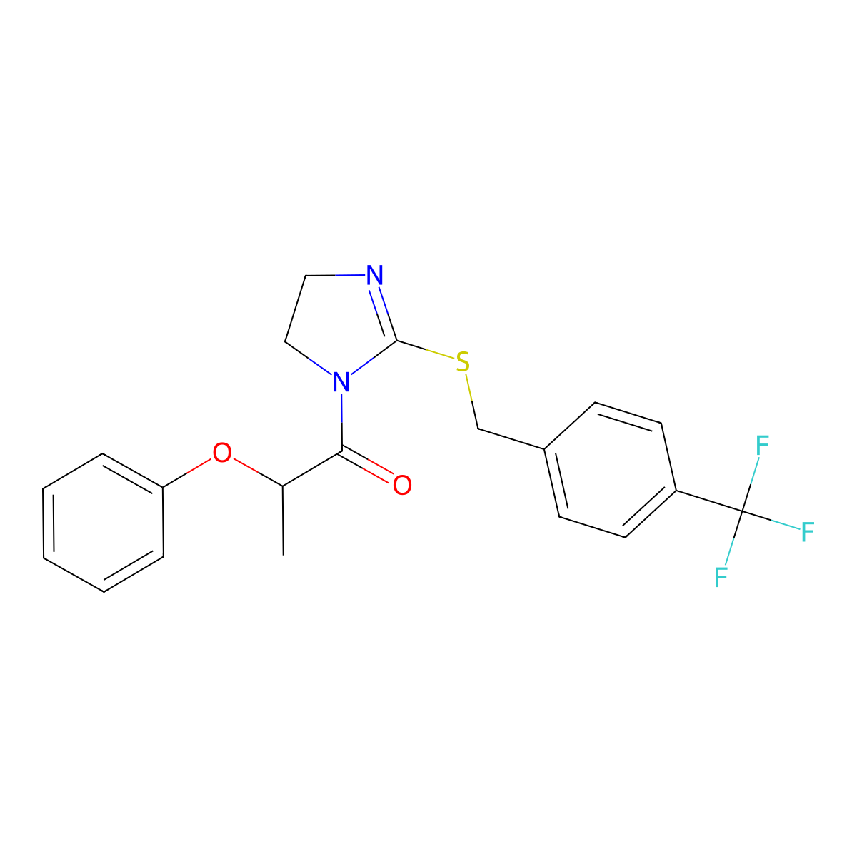 2-phenoxy-1-(2-((4-(trifluoromethyl)benzyl)thio)-4,5-dihydro-1H-imidazol-1-yl)propan-1-one molecular structure, CAS 851806-33-2