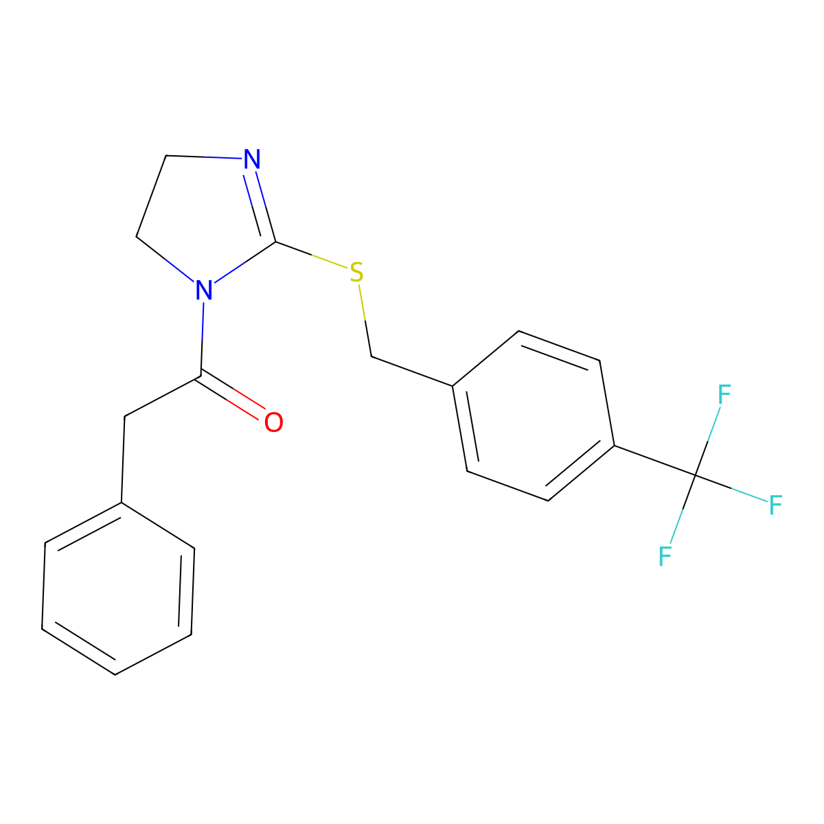 2-phenyl-1-(2-((4-(trifluoromethyl)benzyl)thio)-4,5-dihydro-1H-imidazol-1-yl)ethanone molecular structure, CAS 851806-35-4