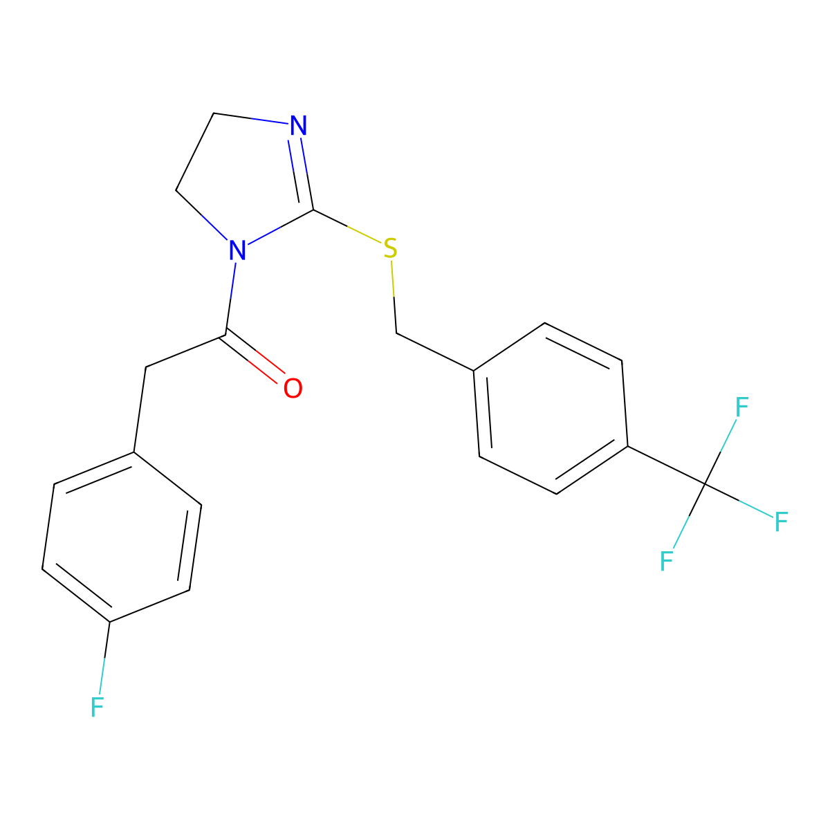 2-(4-fluorophenyl)-1-(2-((4-(trifluoromethyl)benzyl)thio)-4,5-dihydro-1H-imidazol-1-yl)ethanone molecular structure, CAS 851806-41-2