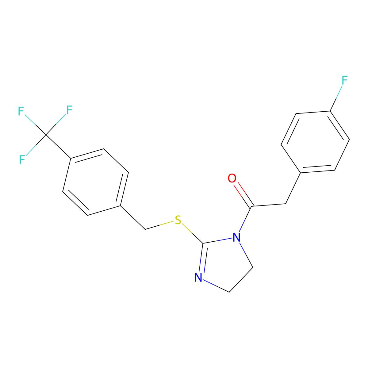 2-(4-fluorophenyl)-1-(2-((4-(trifluoromethyl)benzyl)thio)-4,5-dihydro-1H-imidazol-1-yl)ethanone molecular structure, CAS 851806-41-2