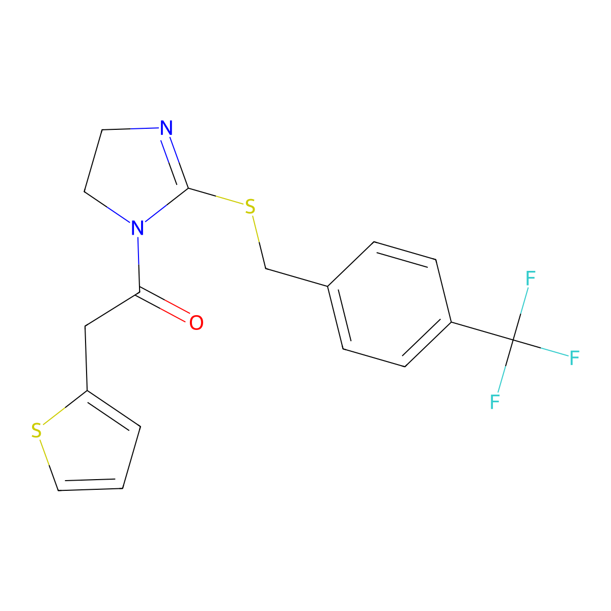 2-(thiophen-2-yl)-1-(2-((4-(trifluoromethyl)benzyl)thio)-4,5-dihydro-1H-imidazol-1-yl)ethanone molecular structure, CAS 851806-45-6