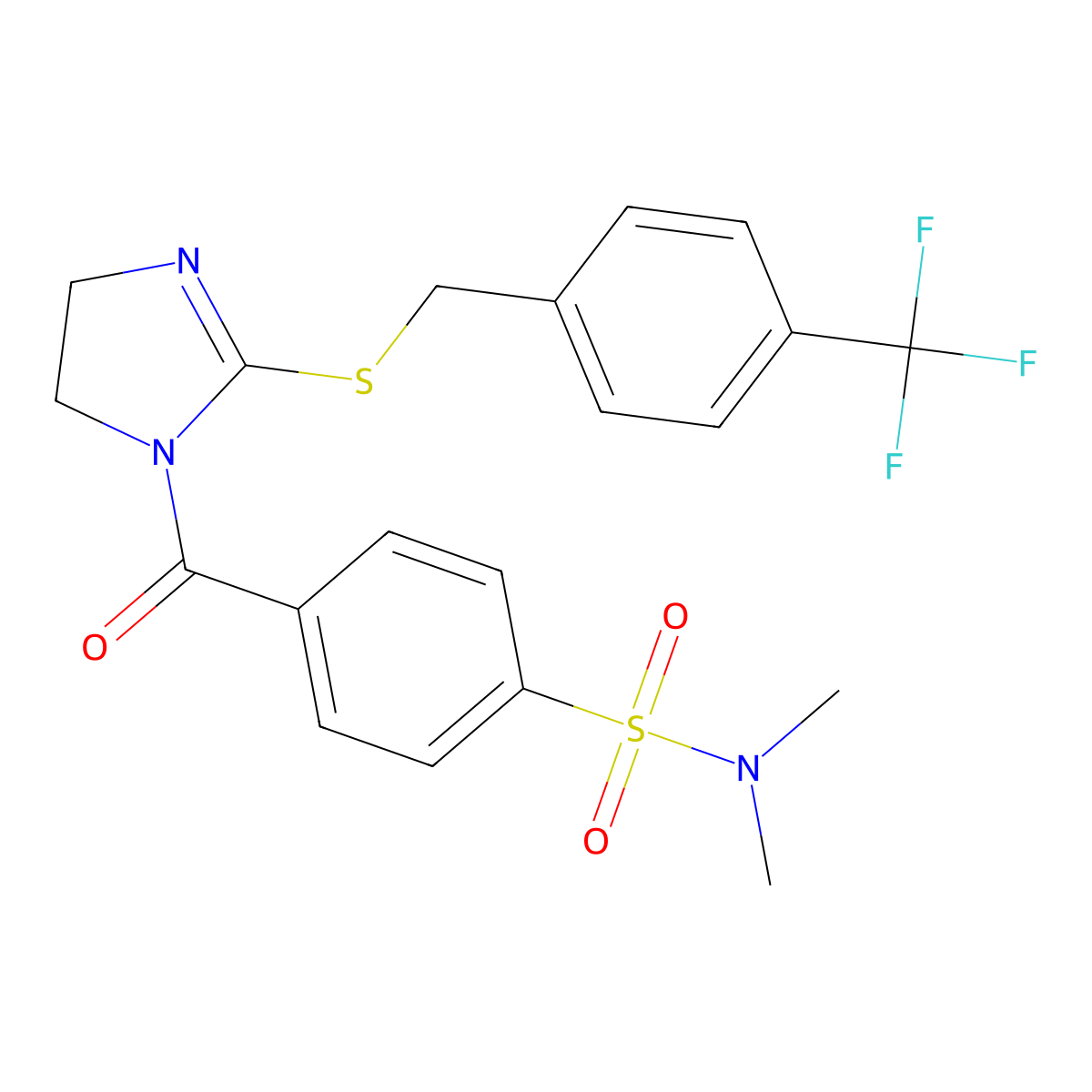 N,N-dimethyl-4-(2-((4-(trifluoromethyl)benzyl)thio)-4,5-dihydro-1H-imidazole-1-carbonyl)benzenesulfonamide molecular structure, CAS 851806-47-8