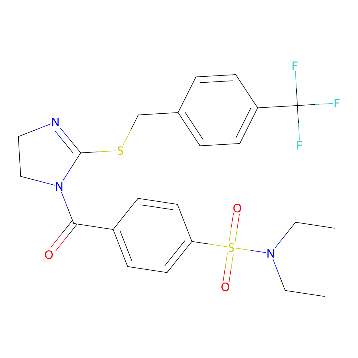 N,N-diethyl-4-(2-((4-(trifluoromethyl)benzyl)thio)-4,5-dihydro-1H-imidazole-1-carbonyl)benzenesulfonamide molecular structure, CAS 851806-49-0