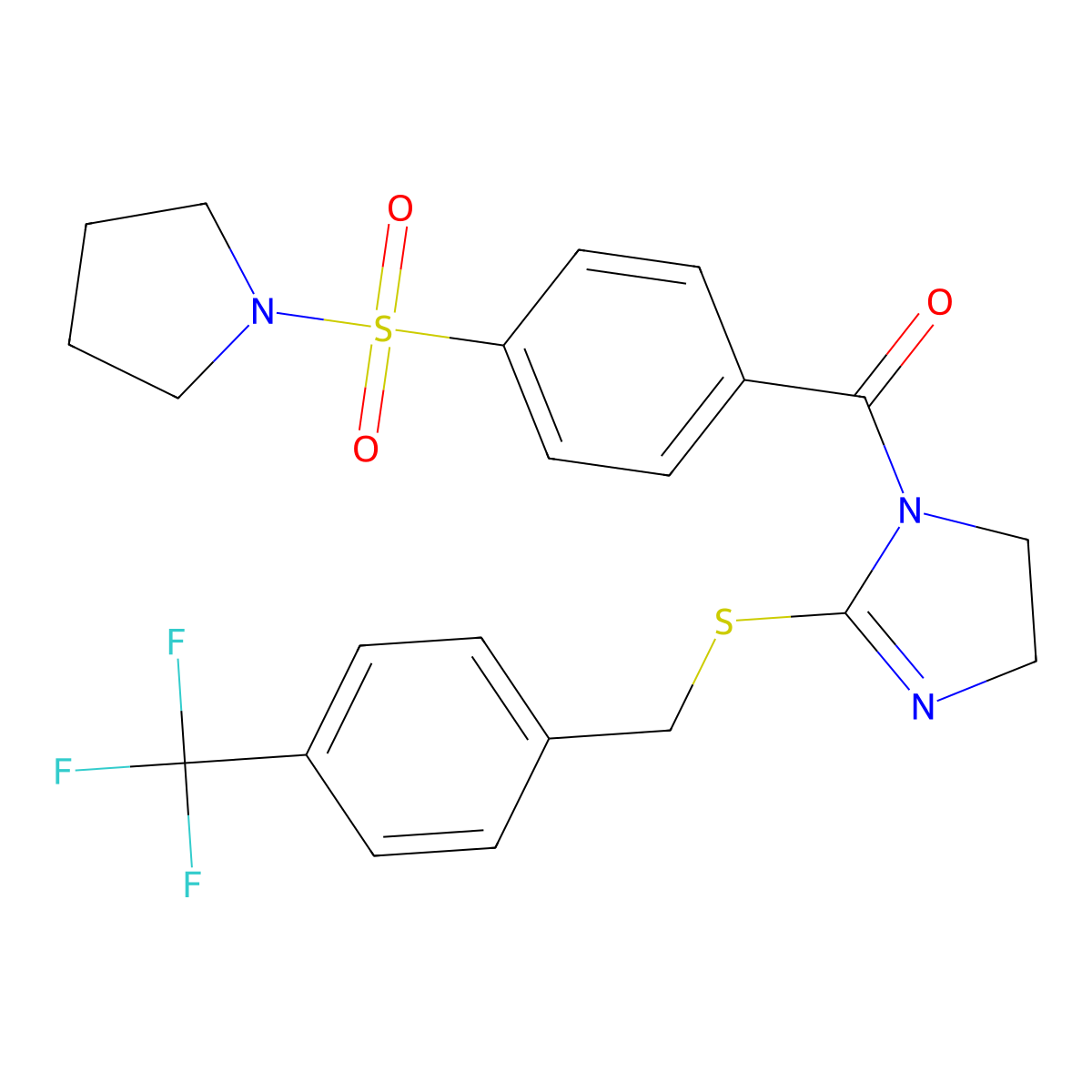 (4-(pyrrolidin-1-ylsulfonyl)phenyl)(2-((4-(trifluoromethyl)benzyl)thio)-4,5-dihydro-1H-imidazol-1-yl)methanone molecular structure, CAS 851806-51-4