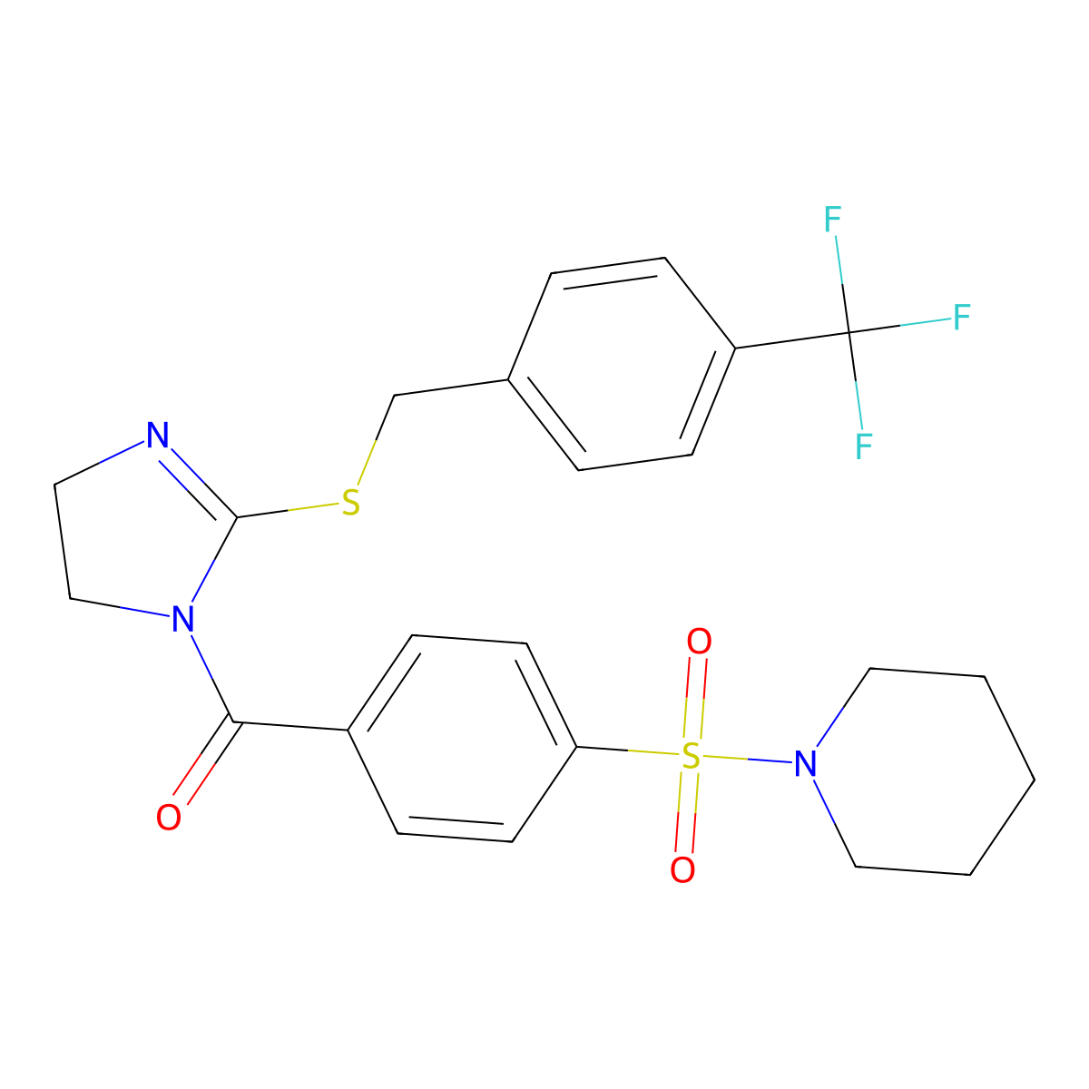 (4-Piperidin-1-ylsulfonylphenyl)-[2-[[4-(trifluoromethyl)phenyl]methylsulfanyl]-4,5-dihydroimidazol-1-yl]methanone molecular structure, CAS 851806-53-6