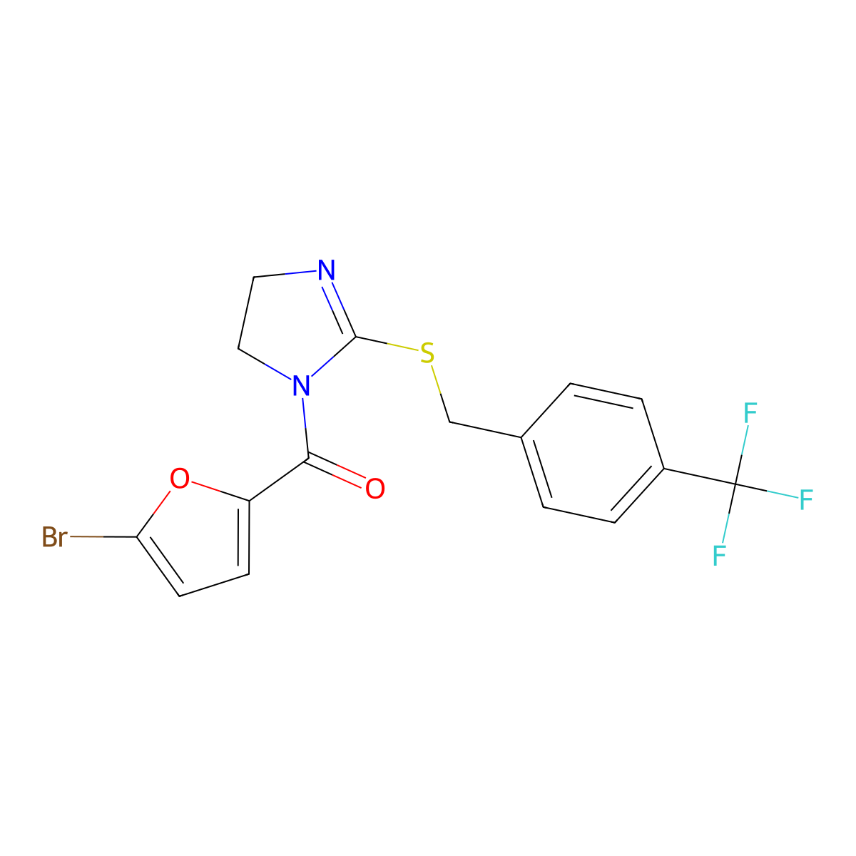 (5-Bromofuran-2-yl)-[2-[[4-(trifluoromethyl)phenyl]methylsulfanyl]-4,5-dihydroimidazol-1-yl]methanone molecular structure, CAS 851806-59-2