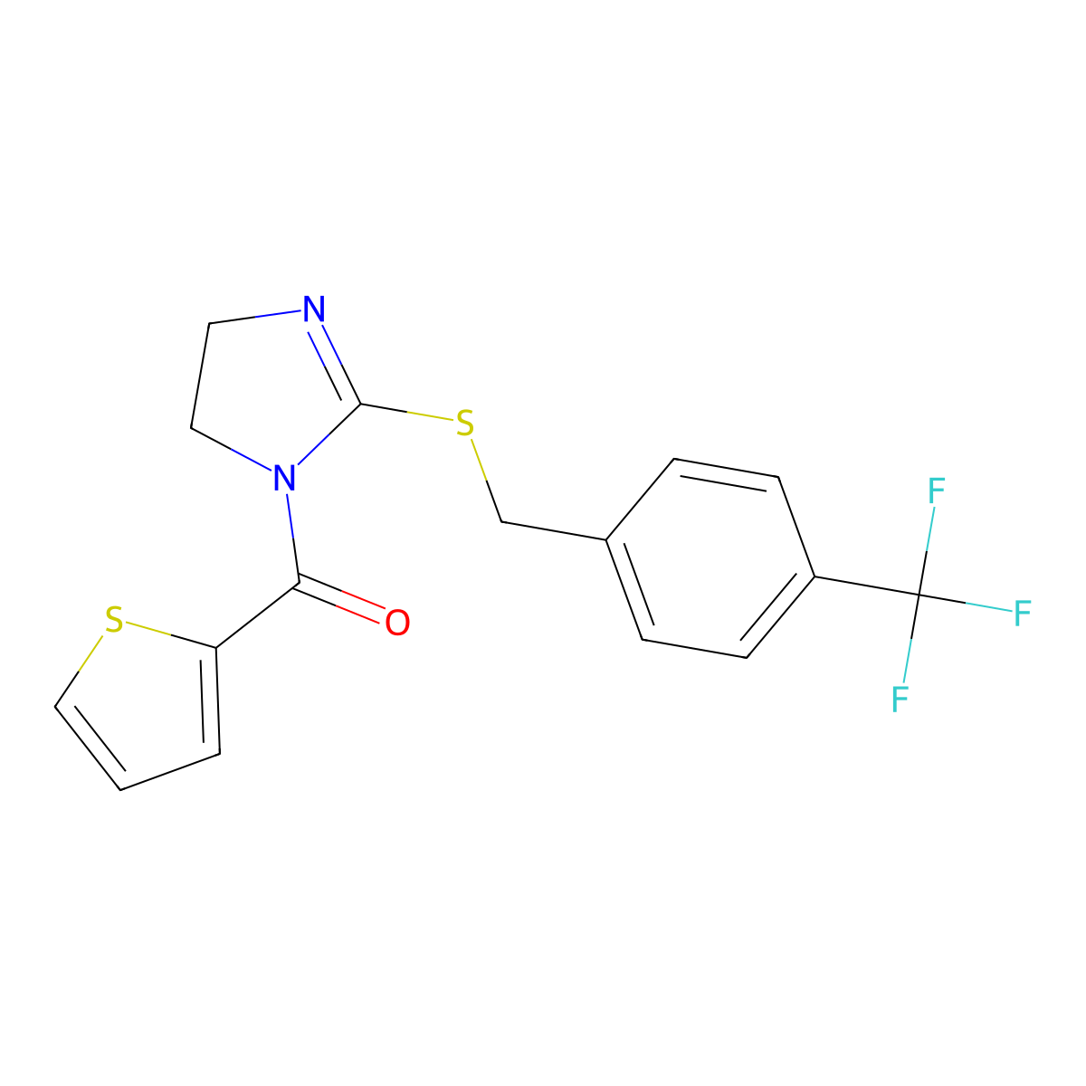 thiophen-2-yl(2-((4-(trifluoromethyl)benzyl)thio)-4,5-dihydro-1H-imidazol-1-yl)methanone molecular structure, CAS 851806-61-6