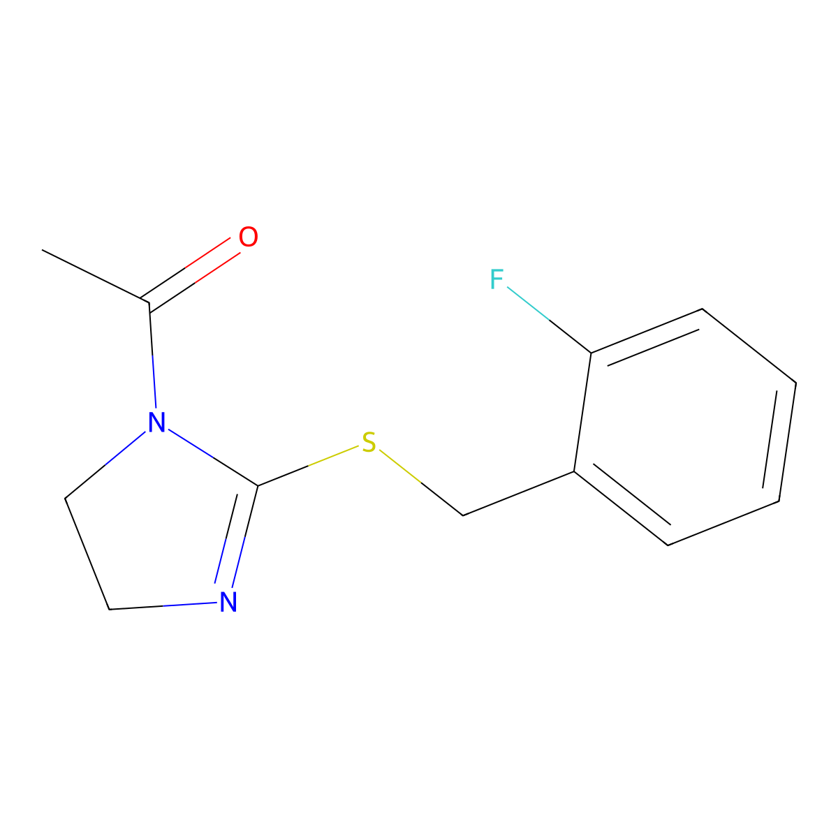 1-[2-[(2-Fluorophenyl)methylsulfanyl]-4,5-dihydroimidazol-1-yl]ethanone molecular structure, CAS 851806-63-8