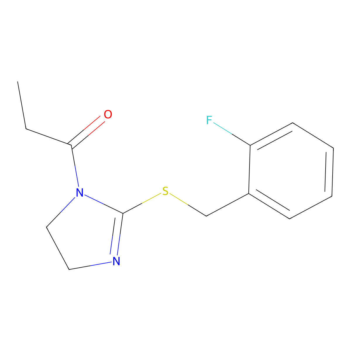 1-[2-[(2-Fluorophenyl)methylsulfanyl]-4,5-dihydroimidazol-1-yl]propan-1-one molecular structure, CAS 851806-64-9