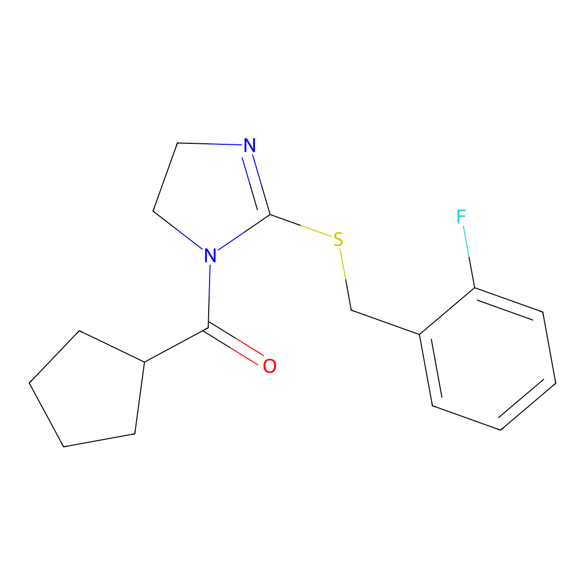 Cyclopentyl-[2-[(2-fluorophenyl)methylsulfanyl]-4,5-dihydroimidazol-1-yl]methanone molecular structure, CAS 851806-66-1