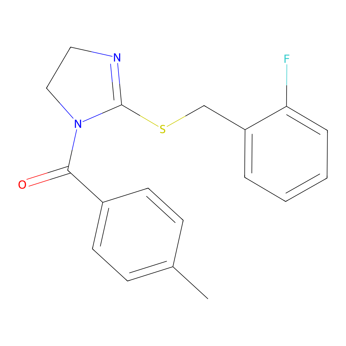 (2-((2-fluorobenzyl)thio)-4,5-dihydro-1H-imidazol-1-yl)(p-tolyl)methanone molecular structure, CAS 851806-72-9