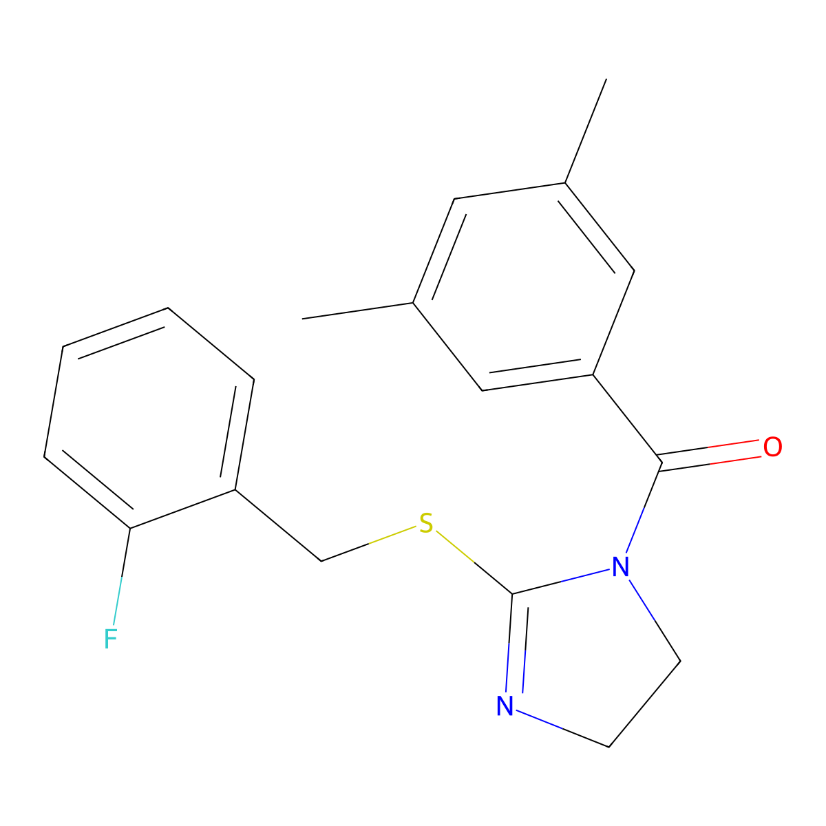 (3,5-dimethylphenyl)(2-((2-fluorobenzyl)thio)-4,5-dihydro-1H-imidazol-1-yl)methanone molecular structure, CAS 851806-73-0