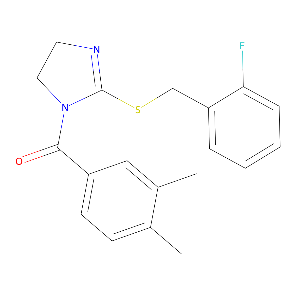 (3,4-dimethylphenyl)(2-((2-fluorobenzyl)thio)-4,5-dihydro-1H-imidazol-1-yl)methanone molecular structure, CAS 851806-74-1