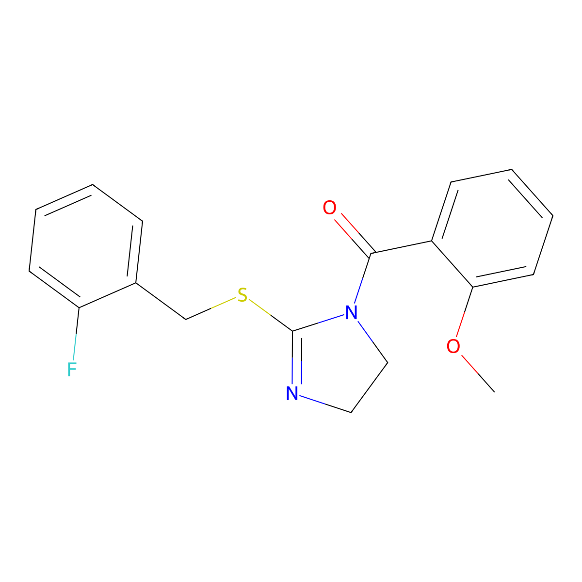 (2-((2-fluorobenzyl)thio)-4,5-dihydro-1H-imidazol-1-yl)(2-methoxyphenyl)methanone molecular structure, CAS 851806-75-2