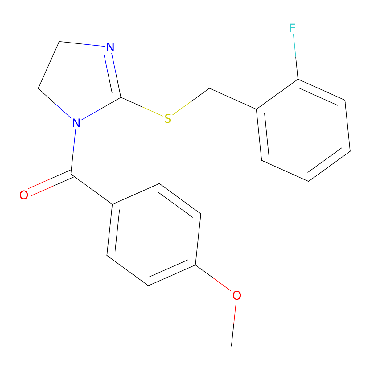 (2-((2-fluorobenzyl)thio)-4,5-dihydro-1H-imidazol-1-yl)(4-methoxyphenyl)methanone molecular structure, CAS 851806-77-4
