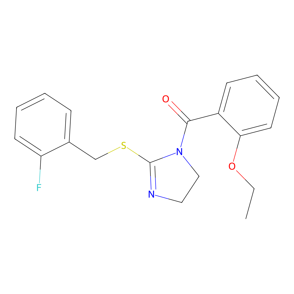(2-ethoxyphenyl)(2-((2-fluorobenzyl)thio)-4,5-dihydro-1H-imidazol-1-yl)methanone molecular structure, CAS 851806-78-5