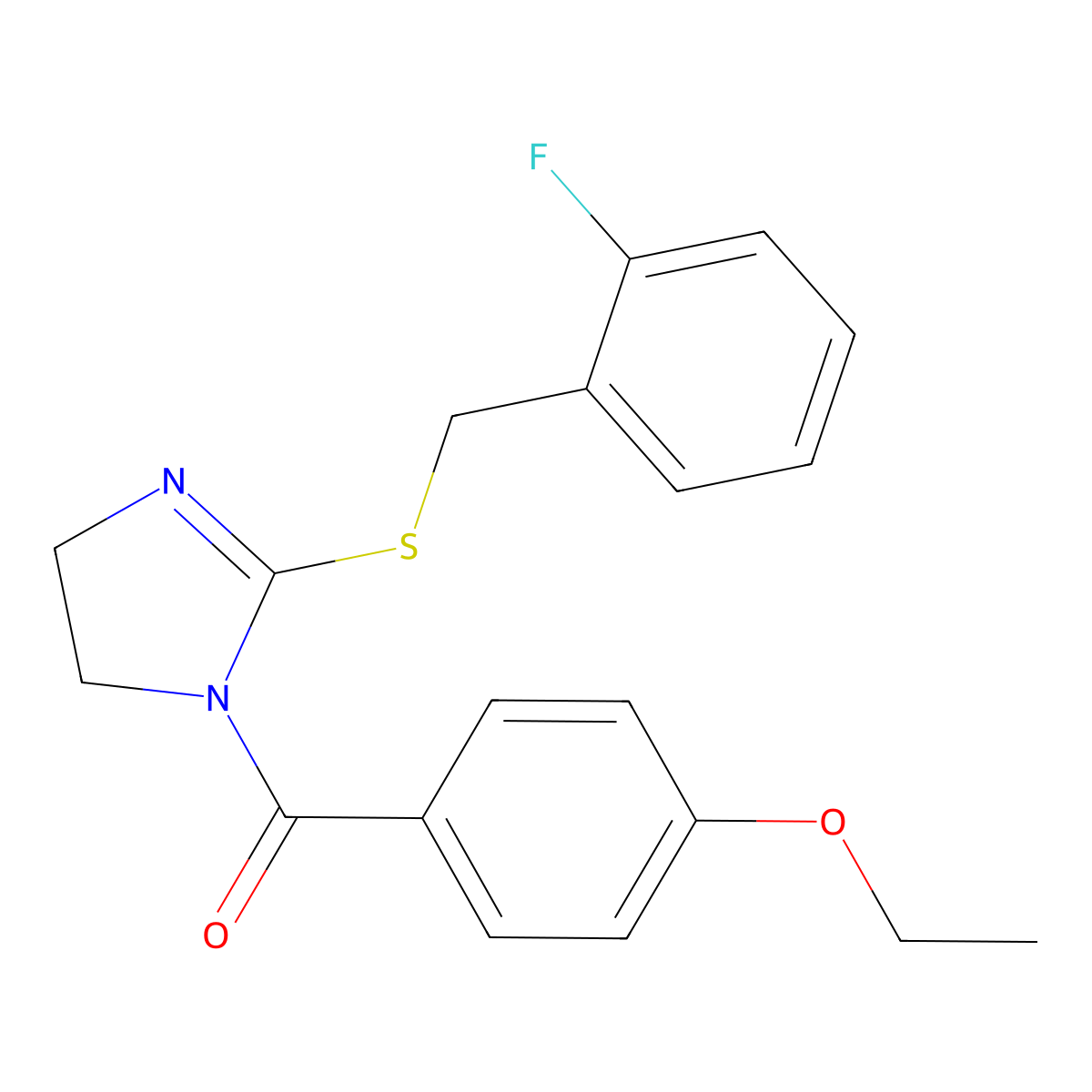(4-ethoxyphenyl)(2-((2-fluorobenzyl)thio)-4,5-dihydro-1H-imidazol-1-yl)methanone molecular structure, CAS 851806-79-6