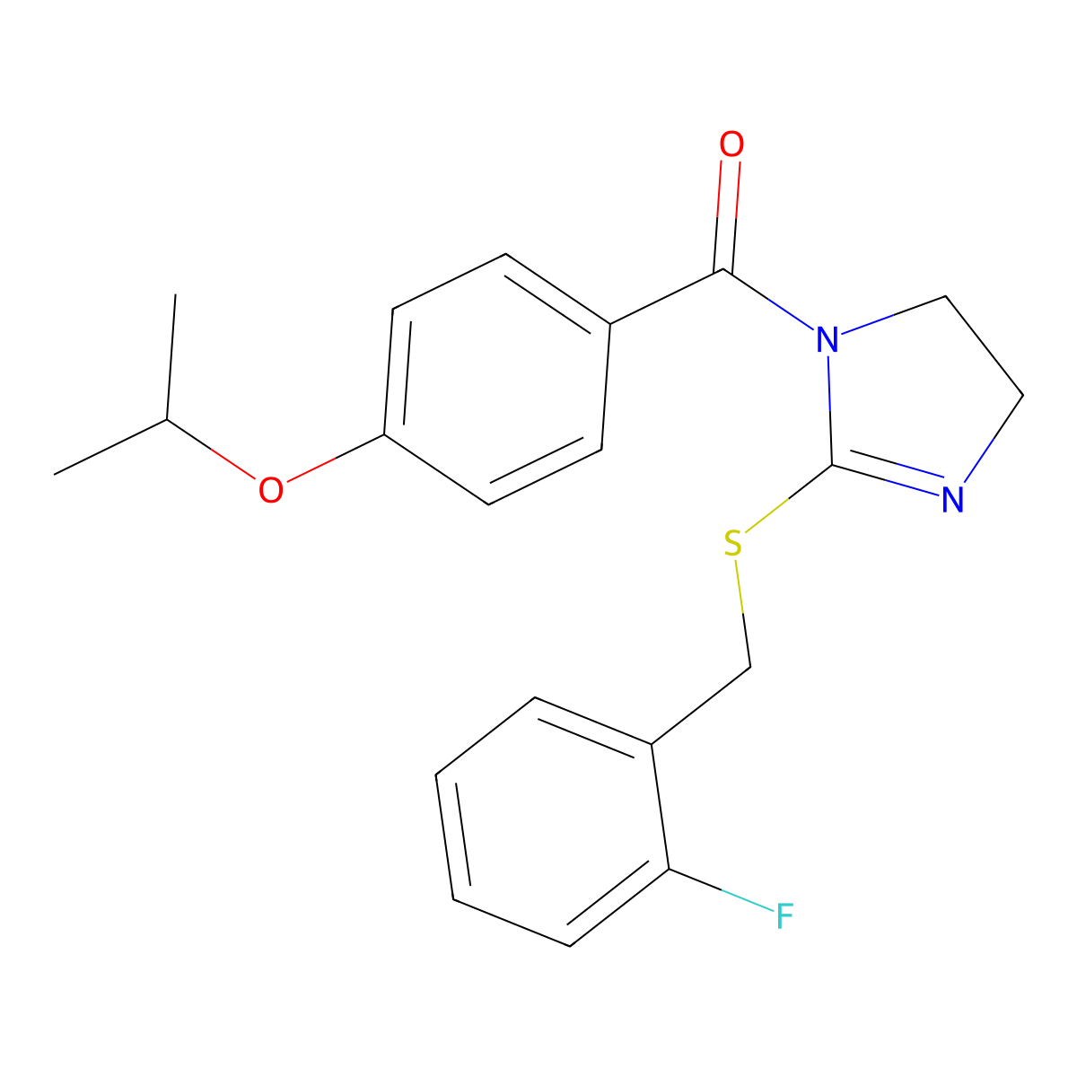 (2-((2-fluorobenzyl)thio)-4,5-dihydro-1H-imidazol-1-yl)(4-isopropoxyphenyl)methanone molecular structure, CAS 851806-80-9