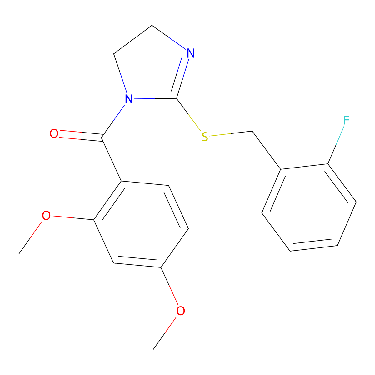 (2,4-dimethoxyphenyl)(2-((2-fluorobenzyl)thio)-4,5-dihydro-1H-imidazol-1-yl)methanone molecular structure, CAS 851806-81-0