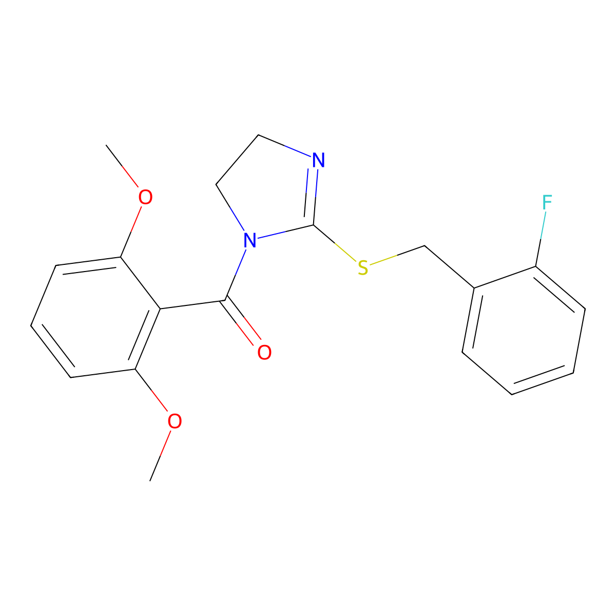 (2,6-dimethoxyphenyl)(2-((2-fluorobenzyl)thio)-4,5-dihydro-1H-imidazol-1-yl)methanone molecular structure, CAS 851806-84-3