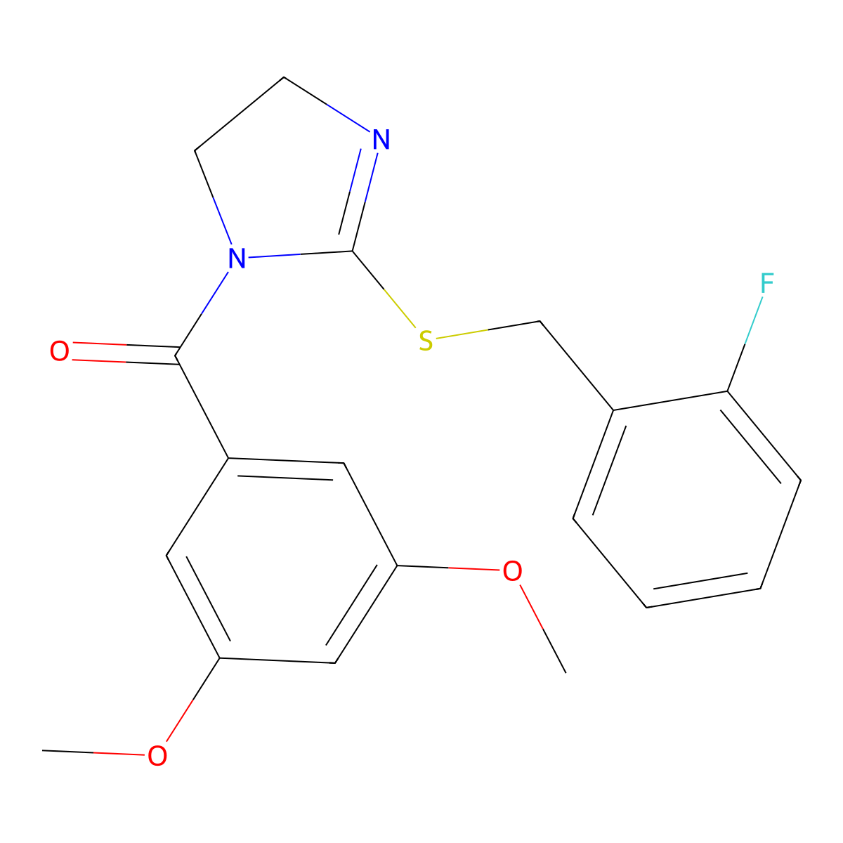 (3,5-Dimethoxyphenyl)-[2-[(2-fluorophenyl)methylsulfanyl]-4,5-dihydroimidazol-1-yl]methanone molecular structure, CAS 851806-85-4