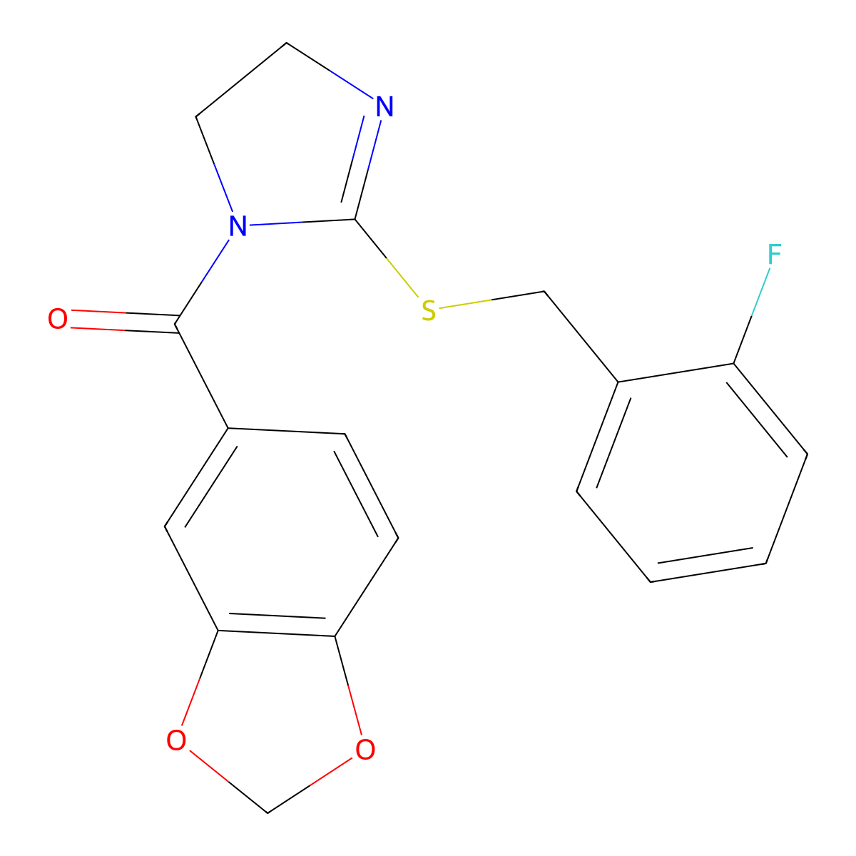 1,3-Benzodioxol-5-yl-[2-[(2-fluorophenyl)methylsulfanyl]-4,5-dihydroimidazol-1-yl]methanone molecular structure, CAS 851806-86-5
