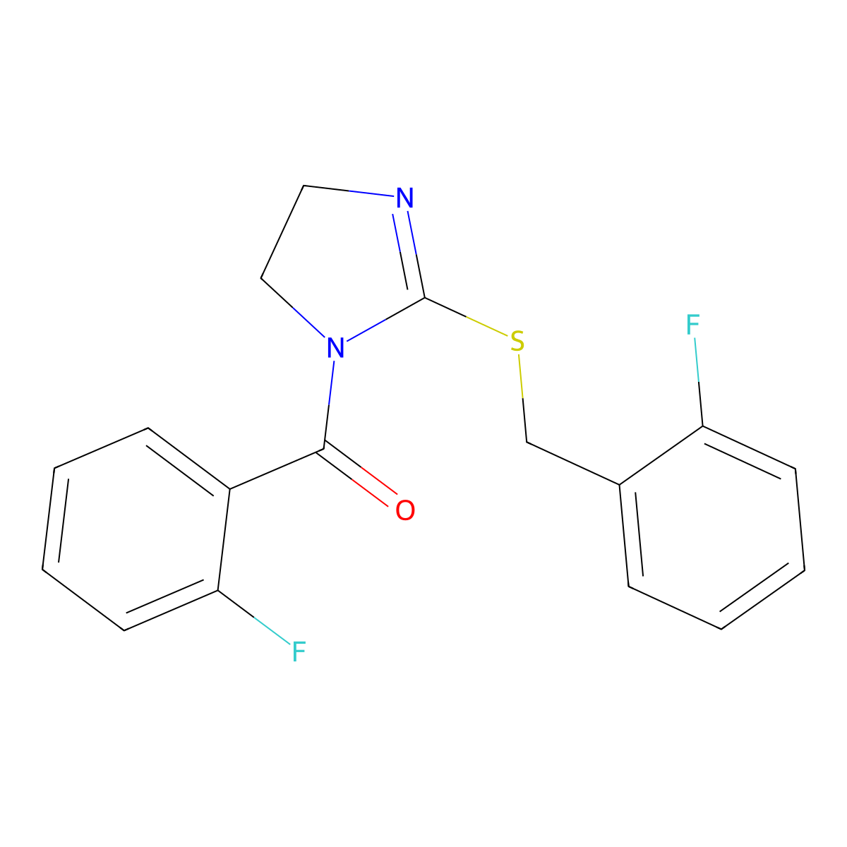 (2-((2-fluorobenzyl)thio)-4,5-dihydro-1H-imidazol-1-yl)(2-fluorophenyl)methanone molecular structure, CAS 851806-90-1