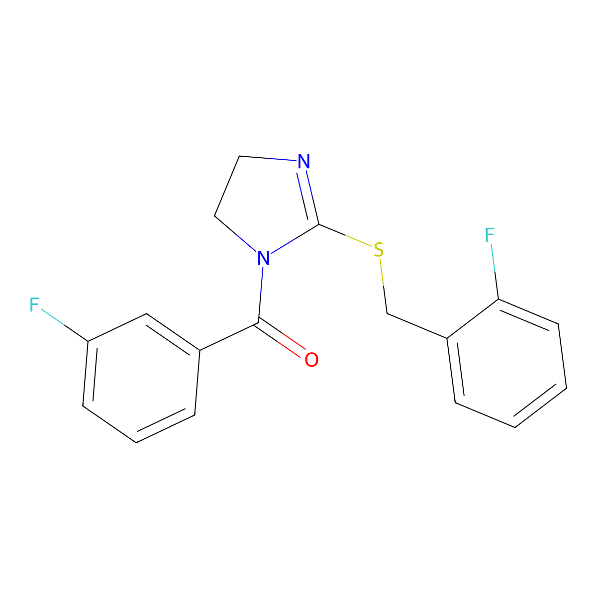 (2-((2-fluorobenzyl)thio)-4,5-dihydro-1H-imidazol-1-yl)(3-fluorophenyl)methanone molecular structure, CAS 851806-91-2