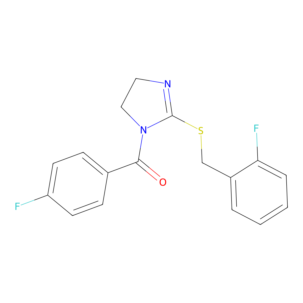 (2-((2-fluorobenzyl)thio)-4,5-dihydro-1H-imidazol-1-yl)(4-fluorophenyl)methanone molecular structure, CAS 851806-92-3