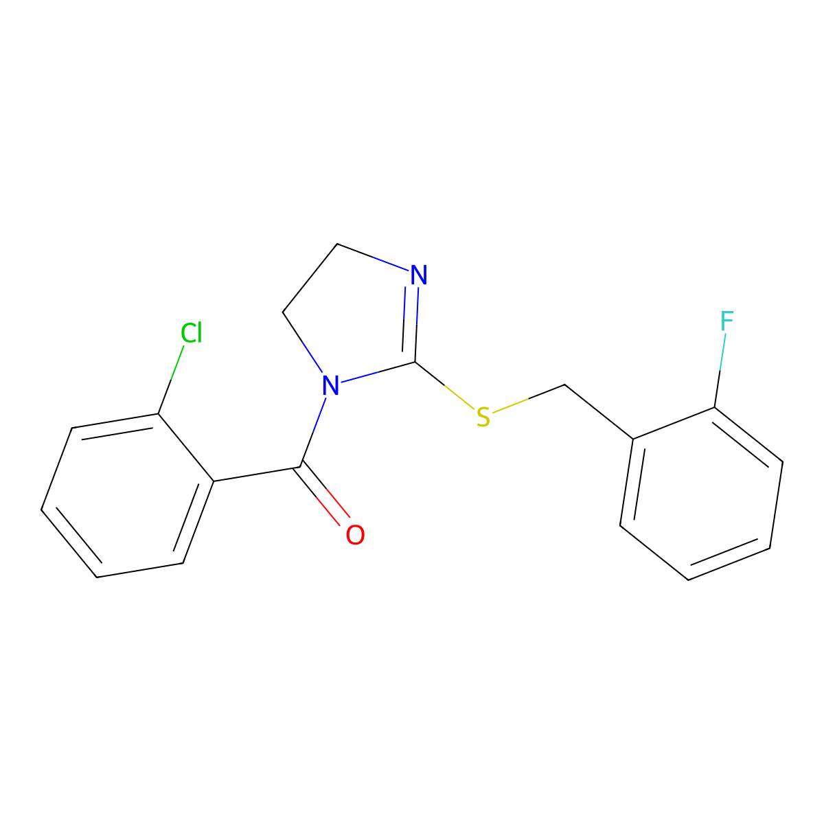 (2-Chlorophenyl)-[2-[(2-fluorophenyl)methylsulfanyl]-4,5-dihydroimidazol-1-yl]methanone molecular structure, CAS 851806-93-4